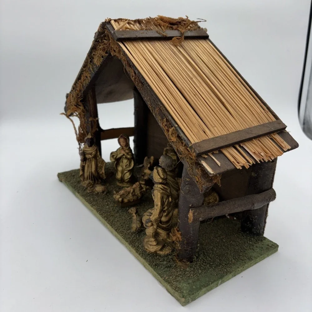 VTG Nativity Scene Crèche Set Rustic Stable Antique Gold Look Fixed Figurines